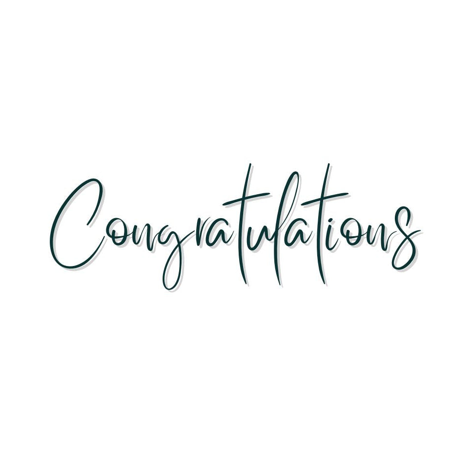 The word 'Congratulations' written in a cursive font on a white background