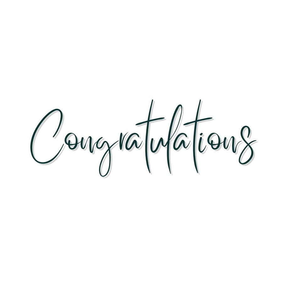 The word 'Congratulations' written in a cursive font on a white background