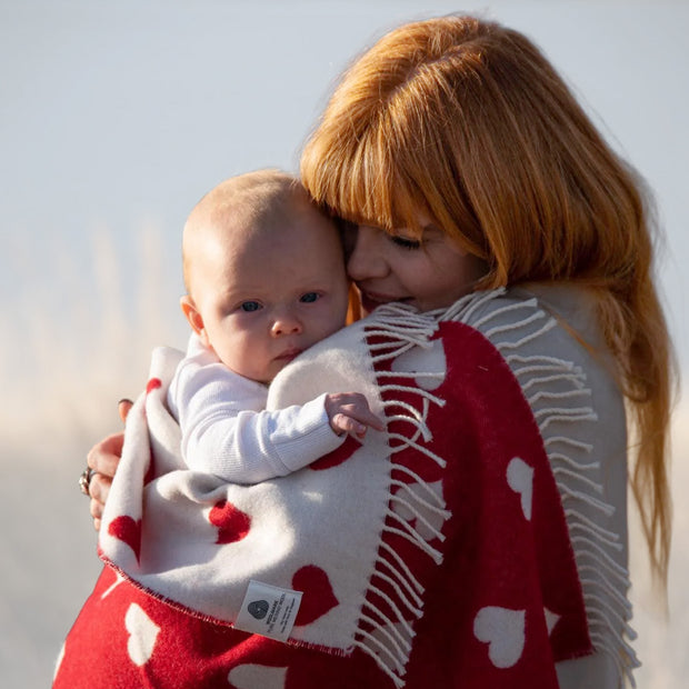 Hearts Baby Blanket Red & White 100% Merino | Exquisite Wool Traders