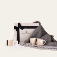 Luxe Cadeau Evening Hour gift box in stone with a pewter mohair throw.
