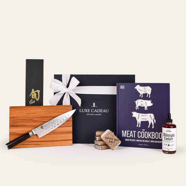 Luxe Cadeau Rare Cut gift box in navy packaging with beer pairing.